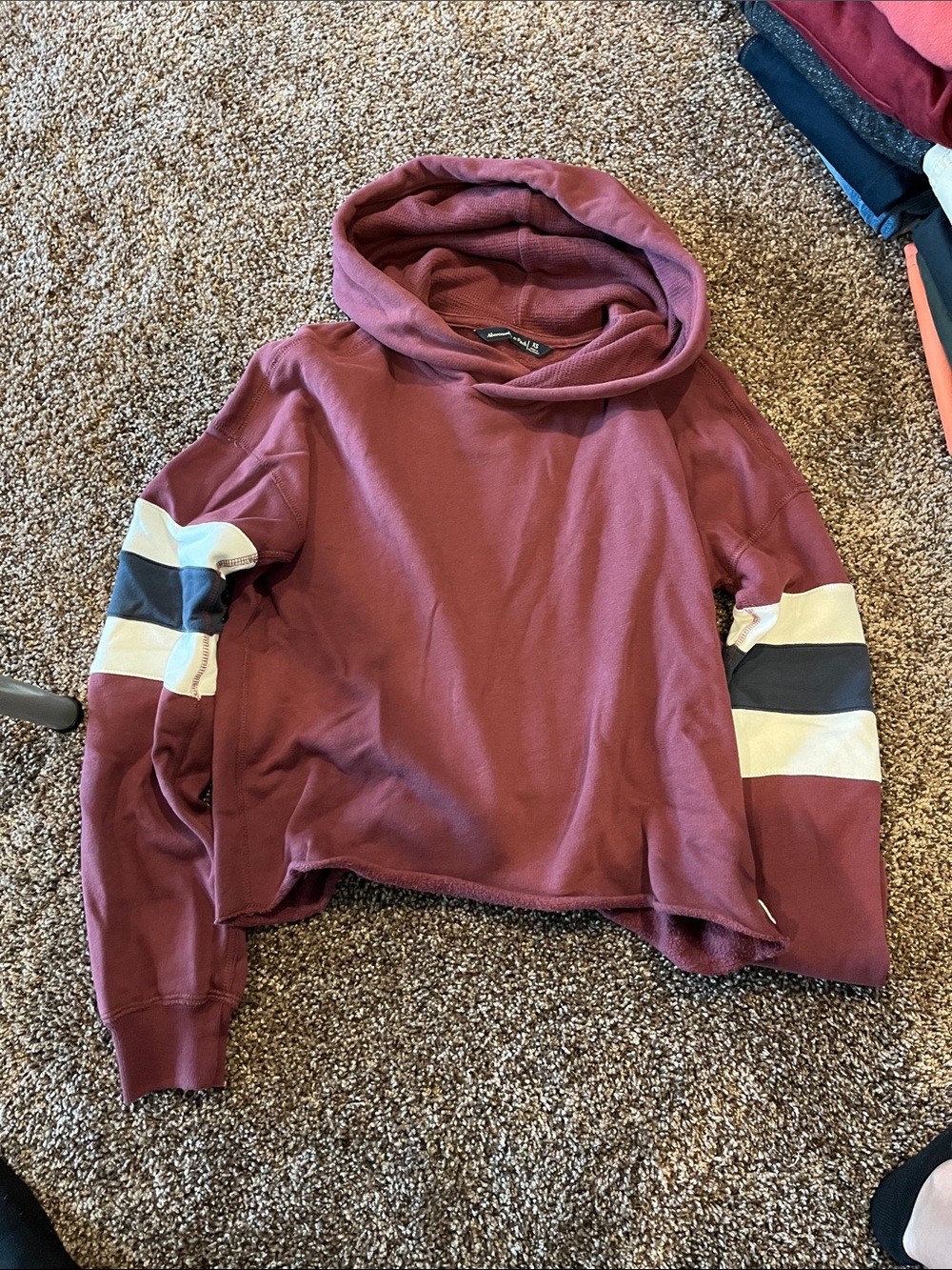 Abercrombie & Fitch Maroon Hooded Sweatshirt with Navy and White Sleeve Stripes